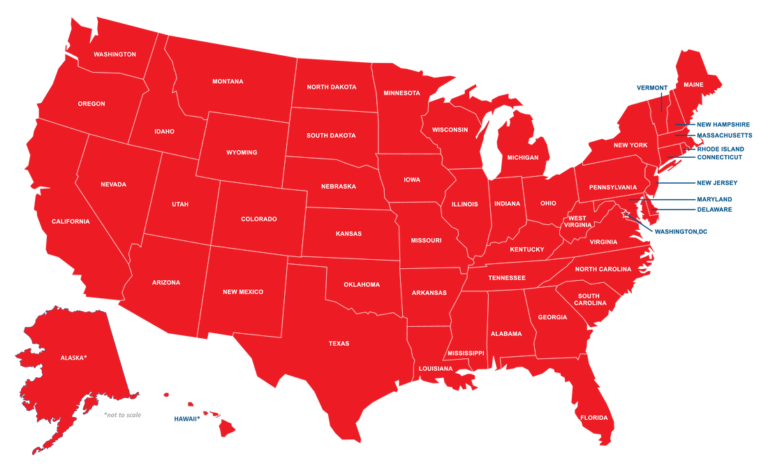 Map of US - all states are red, denoting students attending from all 50 states